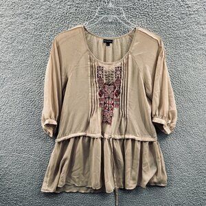 See You Monday Womens Boho Blouse Large Taupe Embroidered Peplum Festival Ethnic
